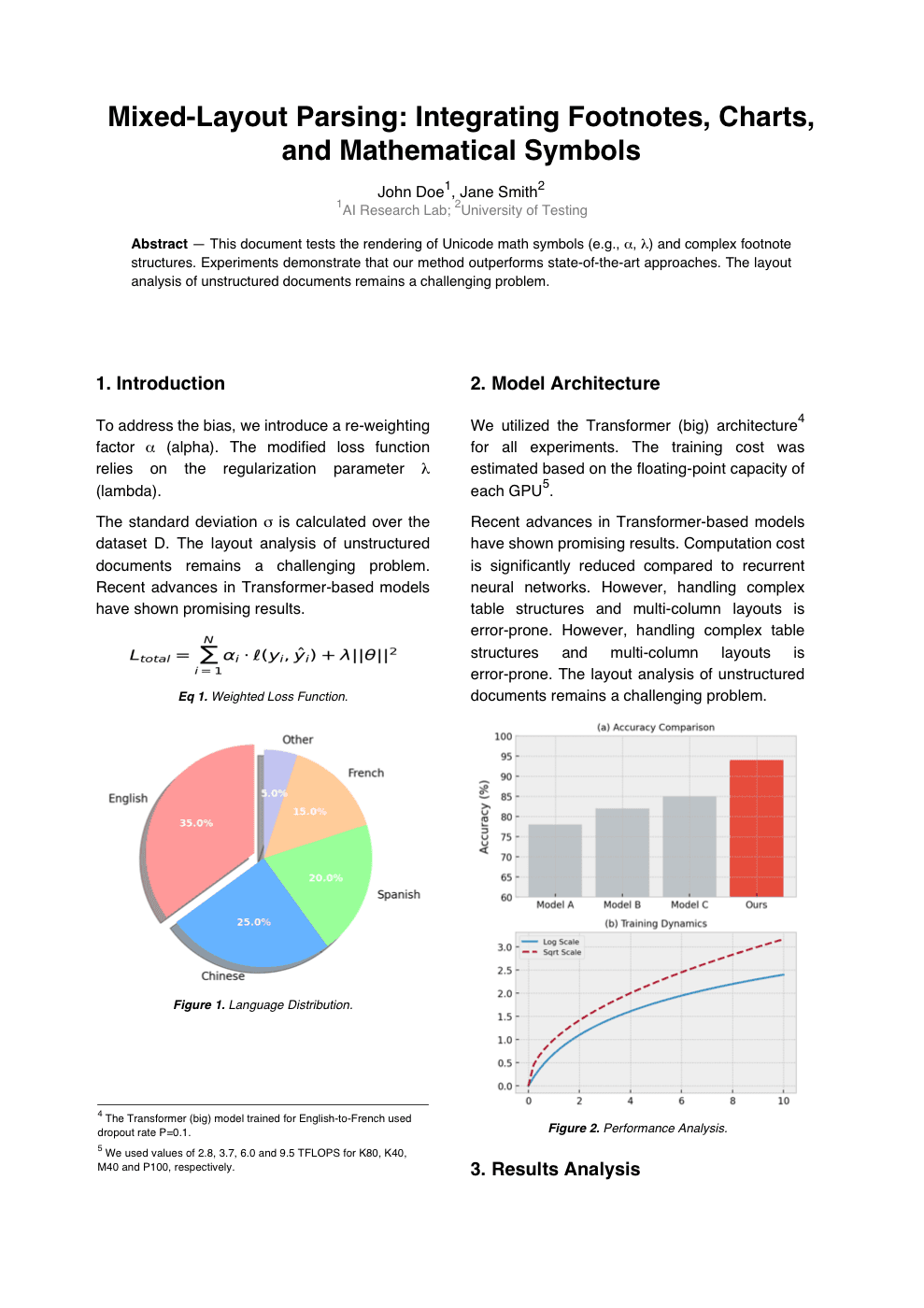 academic_test_doc_v6 PDF 截图,包含公式、图表和双栏排版
